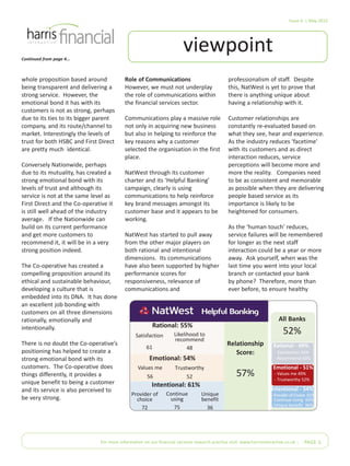 Issue 6 | May 2012
viewpointContinued from page 4...
For more information on our financial services research practice visit: www.harrisinteractive.co.uk | PAGE 5
whole proposition based around
being transparent and delivering a
strong service. However, the
emotional bond it has with its
customers is not as strong, perhaps
due to its ties to its bigger parent
company, and its route/channel to
market. Interestingly the levels of
trust for both HSBC and First Direct
are pretty much identical.
Conversely Nationwide, perhaps
due to its mutuality, has created a
strong emotional bond with its
levels of trust and although its
service is not at the same level as
First Direct and the Co-operative it
is still well ahead of the industry
average. If the Nationwide can
build on its current performance
and get more customers to
recommend it, it will be in a very
strong position indeed.
The Co-operative has created a
compelling proposition around its
ethical and sustainable behaviour,
developing a culture that is
embedded into its DNA. It has done
an excellent job bonding with
customers on all three dimensions
rationally, emotionally and
intentionally.
There is no doubt the Co-operative’s
positioning has helped to create a
strong emotional bond with its
customers. The Co-operative does
things differently, it provides a
unique benefit to being a customer
and its service is also perceived to
be very strong.
Role of Communications
However, we must not underplay
the role of communications within
the financial services sector.
Communications play a massive role
not only in acquiring new business
but also in helping to reinforce the
key reasons why a customer
selected the organisation in the first
place.
NatWest through its customer
charter and its ‘Helpful Banking’
campaign, clearly is using
communications to help reinforce
key brand messages amongst its
customer base and it appears to be
working.
NatWest has started to pull away
from the other major players on
both rational and intentional
dimensions. Its communications
have also been supported by higher
performance scores for
responsiveness, relevance of
communications and
professionalism of staff. Despite
this, NatWest is yet to prove that
there is anything unique about
having a relationship with it.
Customer relationships are
constantly re-evaluated based on
what they see, hear and experience.
As the industry reduces 'facetime'
with its customers and as direct
interaction reduces, service
perceptions will become more and
more the reality. Companies need
to be as consistent and memorable
as possible when they are delivering
people based service as its
importance is likely to be
heightened for consumers.
As the ‘human touch’ reduces,
service failures will be remembered
for longer as the next staff
interaction could be a year or more
away. Ask yourself, when was the
last time you went into your local
branch or contacted your bank
by phone? Therefore, more than
ever before, to ensure healthy
All Banks
52%
Rational - 49%
- Satisfaction 56%
- Recommend 43%
Emotional - 51%
- Values me 49%
- Trustworthy 52%
Intentional - 54%
- Provider of Choice 61%
- Continue Using 63%
- Unique benefit 36%
Relationship
Score:
57%
Rational: 55%
Emotional: 54%
Intentional: 61%
Satisfaction
61
Likelihood to
recommend
48
Values me
56
Trustworthy
52
Provider of
choice
72
Continue
using
75
Unique
benefit
36
 