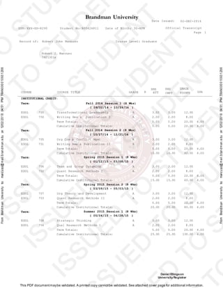 :
Brandman University
SSN: XXX-XX-8290 Student No: B00424811 Date of Birth: 30-APR
Date Issued: 02-DEC-2016
Official Transcript
Page 1
Record of: Robert John Mancuso Course Level: Graduate
Robert J. Mancuso
7421301a
COURSE COURSE TITLE GRADE
HRS
R ATT
HRS
CMPT
GRADE
POINTS GPA
----------------------------------------------------------------------------------------------------------------------------------------------------------------------------
INSTITUTIONAL CREDIT:
Term: Fall 2014 Session 1 (8 Wks)
( 09/02/14 - 10/26/14 )
Daniel Ellingson
University Registrar
This PDF documentmaybe validated. A printed copy cannotbe validated. See attached cover page for additional information.
FromBrandmanUniversitytomancuso@mail.brandman.eduon12/02/201604:51PMTRAN000010931286
FromBrandmanUniversitytomancuso@mail.brandman.eduon12/02/201604:51PMTRAN000010931286
EDOL 700 Transformational Leadership A 3.00 3.00 12.00
EDOL 750 Writing Res & Publication I A 2.00 2.00 8.00
Term Totals: 5.00 5.00 20.00 4.00
Term:
Cumulative Institutional Totals:
Fall 2014 Session 2 (8 Wks)
( 10/27/14 - 12/21/14 )
5.00 5.00 20.00 4.00
EDOL 705 Org Com & Conflict Mgmt A 3.00 3.00 12.00
EDOL 751 Writing Res & Publication II A 2.00 2.00 8.00
Term Totals: 5.00 5.00 20.00 4.00
Term:
Cumulative Institutional Totals:
Spring 2015 Session 1 (8 Wks)
( 01/12/15 - 03/08/15 )
10.00 10.00 40.00 4.00
EDOL 706 Team and Group Dynamics A 3.00 3.00 12.00
EDOL 752 Quant Research Methods I A 2.00 2.00 8.00
Term Totals: 5.00 5.00 20.00 4.00
Term:
Cumulative Institutional Totals:
Spring 2015 Session 2 (8 Wks)
( 03/09/15 - 05/03/15 )
15.00 15.00 60.00 4.00
EDOL 707 Org Theory and Development A 3.00 3.00 12.00
EDOL 753 Quant Research Methods II A 2.00 2.00 8.00
Term Totals: 5.00 5.00 20.00 4.00
Term:
Cumulative Institutional Totals:
Summer 2015 Session 1 (8 Wks)
( 05/04/15 - 06/28/15 )
20.00 20.00 80.00 4.00
EDOL 708 Strategic Thinking A 3.00 3.00 12.00
EDOL 754 Qual Research Methods I A 2.00 2.00 8.00
Term Totals: 5.00 5.00 20.00 4.00
Cumulative Institutional Totals: 25.00 25.00 100.00 4.00
 