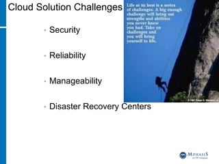 Cloud Solution Challenges
• Security
• Reliability
• Manageability
• Disaster Recovery Centers
 