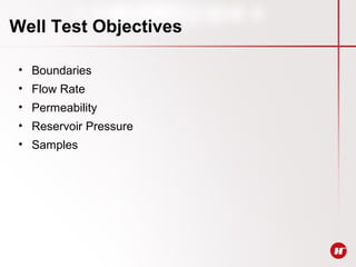 Well Test Objectives
• Boundaries
• Flow Rate
• Permeability
• Reservoir Pressure
• Samples
 