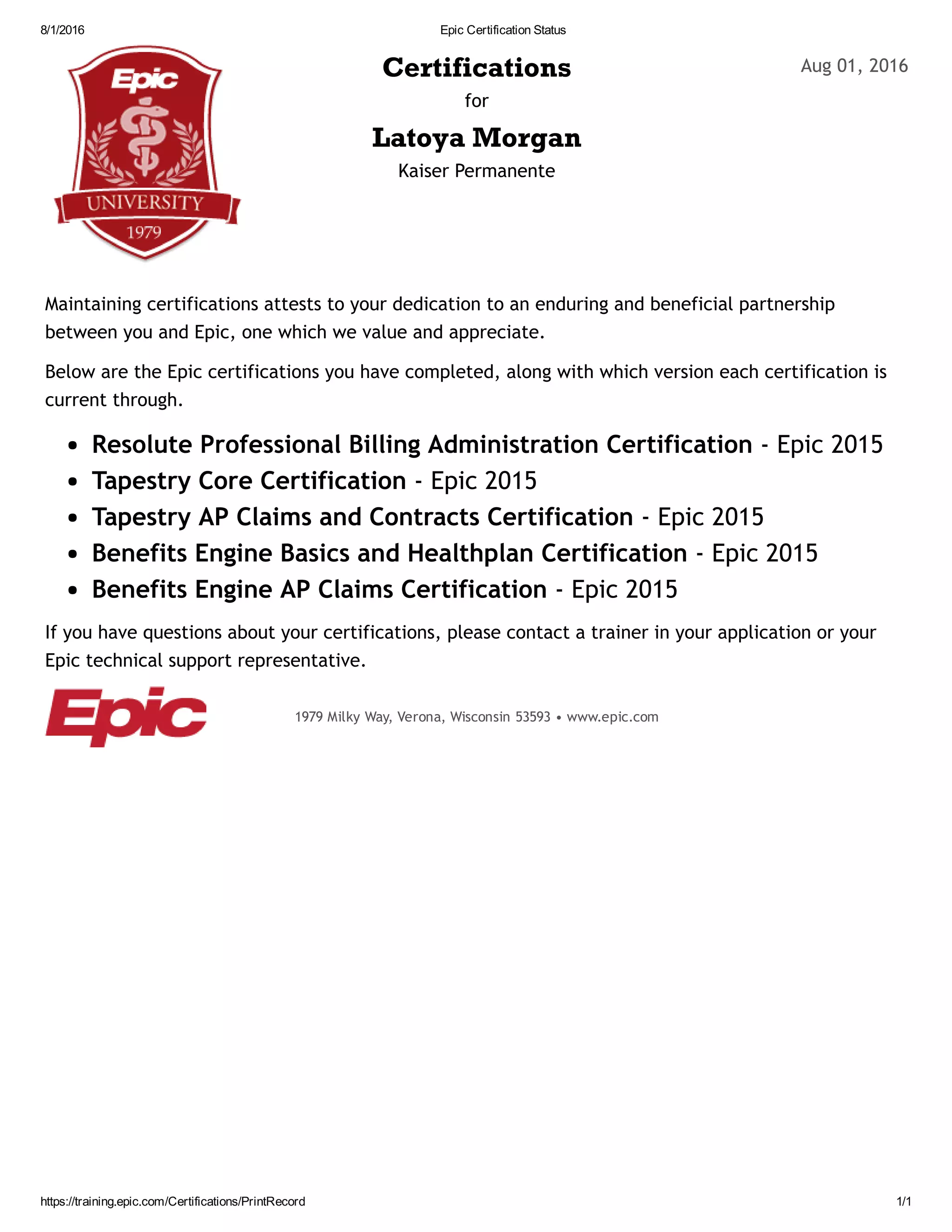 Epic Certification Status PDF