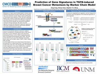 Prediction of Gene Signatures in TGFB-induced
Breast Cancer Metastasis by Markov Chain Model
Yang Cong, Shenyi Chen, Stephen T.C. Wong
Department of Systems Medicine and Bioengineering, Houston Methodist Research Institute, 6670 Berter Ave, Houston, TX 77030
Abstract
Introduction
TGFB-EMT pathway
CDH1 transcription factor selection
Expression Signature Prediction
Results
Acknowledgements
•NCI Center for Modeling Cancer Development U54 Ca149196
Metastasis is a major cause of patient death in breast cancer.
Epithelial-mesenchymal transition (EMT) plays the initiation
role in the metastasis cascade. Based on gene profiling data
of 1165 breast cancer patients in TCGA, we built a statistical
Markov Chain model to predict gene signatures of epithelial
and mesenchymal cells. Based on the literature integrated
TGFB-induced EMT pathway, we extracted the regulatory
mechanism among molecules. We used a recursive
algorithm to predict the likelihood of expression signatures
and further mapped the prediction with known epithelial
and mesenchymal expression patterns.
A molecule is regulated by its regulators, and the change of its
expression level only depends on the observed expression of
all its regulators
The loss of the epithelial adhesion molecule E-cadherin
(CDH1) is considered as a fundamental event in EMT and an
early step in cancer metastasis. EMT can be induced by
several growth factors, such as TGFB1, hepatocyte growth
factor, and platelet-derived growth factor PDGF. Also EMT
can be induced by any one of the following transcription
factors alone, such as SNAI1, SNAI2, TWIST1, FOXC1, FOXC2,
ZEB1 and ZEB2.
A central target of these transcription factors listed above is
the repression of E-cadherin gene CDH1. The expression level
of CDH1 plays a key role in the cell phenotype. The inhibition
of CDH1 expression is the starter of EMT process. Epithelial
cells have a high expression level of CDH1, meanwhile
mesenchymal cells have a low expression. Hence, we map the
expression patterns with cell types based on the expression
level of CDH1.
Data Processing
 
