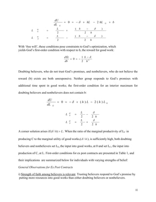 10
bhLhL
dL
dU
G
G
+−+−== 20 δ
( )
2 2
( )
2 2
H
G
H
E
L b
L
h
L b
L
h
δ
δ
−
= +
−
= −
With ‘free will’, these conditions pose constraints to God’s optimization, which
yields God’s first-order condition with respect to b, the reward for good work:
2
2
1
0
h
b
db
d δ−
−==
Ω
Doubting believers, who do not trust God’s promises, and nonbelievers, who do not believe the
reward (b) exists are both unresponsive. Neither group responds to God’s promises with
additional time spent in good works; the first-order condition for an interior maximum for
doubting believers and nonbelievers does not contain b:
G
G
LhLh
dL
dU
)(2)(0 −+−== δ
2 2
2 2
H
G
H
E
L
L
h
L
L
h
δ
δ
= −
= +
A corner solution arises if Lh >)/(δ . When the ratio of the marginal productivity of LC in
producing C to the marginal utility of good works,( h/δ ), is sufficiently high, both doubting
believers and nonbelievers set LG, the input into good works, at 0 and set LC, the input into
production of C, at L. First-order conditions for ex post contracts are presented in Table 1, and
their implications are summarized below for individuals with varying strengths of belief:
General Observations for Ex Post Contracts
i) Strength of faith among believers is relevant. Trusting believers respond to God’s promise by
putting more resources into good works than either doubting believers or nonbelievers.
 
