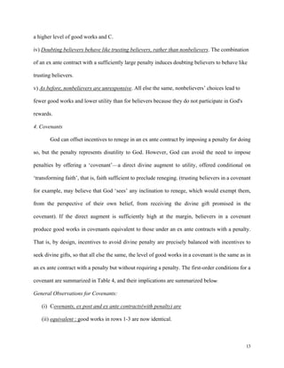 13
a higher level of good works and C.
iv) Doubting believers behave like trusting believers, rather than nonbelievers. The combination
of an ex ante contract with a sufficiently large penalty induces doubting believers to behave like
trusting believers.
v) As before, nonbelievers are unresponsive. All else the same, nonbelievers’ choices lead to
fewer good works and lower utility than for believers because they do not participate in God's
rewards.
4. Covenants
  God can offset incentives to renege in an ex ante contract by imposing a penalty for doing
so, but the penalty represents disutility to God. However, God can avoid the need to impose
penalties by offering a ‘covenant’—a direct divine augment to utility, offered conditional on
‘transforming faith’, that is, faith sufficient to preclude reneging. (trusting believers in a covenant
for example, may believe that God ‘sees’ any inclination to renege, which would exempt them,
from the perspective of their own belief, from receiving the divine gift promised in the
covenant).  If the direct augment is sufficiently high at the margin, believers in a covenant
produce good works in covenants equivalent to those under an ex ante contracts with a penalty.
That is, by design, incentives to avoid divine penalty are precisely balanced with incentives to
seek divine gifts, so that all else the same, the level of good works in a covenant is the same as in
an ex ante contract with a penalty but without requiring a penalty. The first-order conditions for a
covenant are summarized in Table 4, and their implications are summarized below: 
General Observations for Covenants:
(i) Covenants, ex post and ex ante contracts(with penalty) are
(ii) equivalent : good works in rows 1-3 are now identical.
 