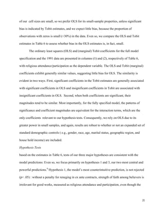 20
of our cell sizes are small, so we prefer OLS for its small-sample properties, unless significant
bias is indicated by Tobit estimates, and we expect little bias, because the proportion of
observations with zeros is small (<30%) in the data. Even so, we compare the OLS and Tobit
estimates in Table 6 to assess whether bias in the OLS estimates is, in fact, small.
The ordinary least squares (OLS) and (marginal) Tobit coefficients for the full model
specification and the 1991 data are presented in columns (1) and (2), respectively of Table 6,
with religious attendance/participation as the dependent variable. The OLS and Tobit (marginal)
coefficients exhibit generally similar values, suggesting little bias for OLS. The similarity is
evident in two ways. First, significant coefficients in the Tobit estimates are generally associated
with significant coefficients in OLS and insignificant coefficients in Tobit are associated with
insignificant coefficients in OLS. Second, when both coefficients are significant, their
magnitudes tend to be similar. Most importantly, for the fully specified model, the patterns of
significance and coefficient magnitudes are equivalent for the interaction terms, which are the
only coefficients relevant to our hypothesis tests. Consequently, we rely on OLS due to its
greater power in small samples, and again, results are robust to whether or not an expanded set of
standard demographic controls ( e.g., gender, race, age, marital status, geographic region, and
house hold income) are included.
Hypothesis Tests
based on the estimates in Table 6, tests of our three major hypotheses are consistent with the
model predictions: Even so, we focus primarily on hypotheses 1 and 3, our two most central and
powerful predictions.8
Hypothesis 1, the model’s most counterintuitive prediction, is not rejected
(p< .05) : without a penalty for reneging in ex ante contracts, strength of faith among believers is
irrelevant for good works, measured as religious attendance and participation, even though the
 