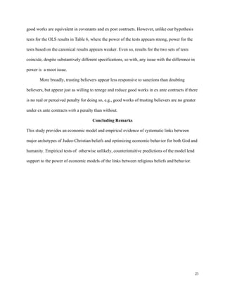 23
good works are equivalent in covenants and ex post contracts. However, unlike our hypothesis
tests for the OLS results in Table 6, where the power of the tests appears strong, power for the
tests based on the canonical results appears weaker. Even so, results for the two sets of tests
coincide, despite substantively different specifications, so with, any issue with the difference in
power is a moot issue.
More broadly, trusting believers appear less responsive to sanctions than doubting
believers, but appear just as willing to renege and reduce good works in ex ante contracts if there
is no real or perceived penalty for doing so, e.g., good works of trusting believers are no greater
under ex ante contracts with a penalty than without.
Concluding Remarks
This study provides an economic model and empirical evidence of systematic links between
major archetypes of Judeo-Christian beliefs and optimizing economic behavior for both God and
humanity. Empirical tests of otherwise unlikely, counterintuitive predictions of the model lend
support to the power of economic models of the links between religious beliefs and behavior.
 