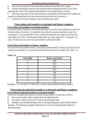 mwalimuconsultancy@gmail.com
CONTACT MWALIMU CONSULTANCY 0746-222-000 FOR COMPLETE NOTES.
Page | 11
2. Take the fractional part of the immediate product and multiply it by 2 again.
3. Continue this process until the fractional part of the subsequent product is 0 or starts
repeating the value of the original fractional part of the number being converted:
4. The binary equivalent of the fractional part is extracted from the products by reading the
respective integral digits from the top downwards as shown by the arrow in
5. Combine the two parts together to get the binary equivalent.
Converting octal numbers to decimal and binary numbers
Converting octal numbers to decimal numbers
To convert a base 8 number to its decimal equivalent we use the same method as we did with
binary numbers. However, it is important to note that the maximum absolute value of an
octal digit is 7. For example 982 is not a valid octal number because digits 8 and 9 are not
octal digits, but 7368 is valid because all the digits are in the range of 0 - 7. Example 1.13
and 1.14 show how to convert an octal number to a decimal number.
Converting octal numbers to binary numbers
To convert an octal number to binary, each digit is represented by 3 binary digits because the
maximum octal digit i.e. 7 can be represented with a maximum of 3 digits. See Table 1.11.
Table 1.11
Octal digit Binary equivalents
0 000
1 001
2 010
3 011
4 100
5 101
6 110
7 111
Examples 1.15, 1.16 and 1.17 show how to convert octal numbers to binary numbers.
Converting hexadecimal numbers to decimal and binary numbers
Converting hexadecimal numbers to decimal number
To convert a hexadecimal number to its base ten equivalents, we proceed as follows:
1. First write the place values starting from the right hand side.
2. If a digit is a letter such as an 'A' write its decimal equivalent.
3. Multiply each hexadecimal digit with its corresponding place value and then add the
products. The following examples illustrate how to convert a hexadecimal number to a
decimal number.
 