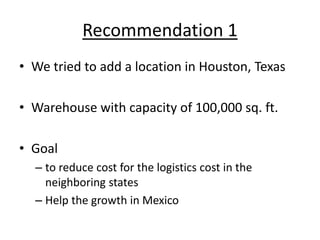 Recommendation 1
• We tried to add a location in Houston, Texas
• Warehouse with capacity of 100,000 sq. ft.
• Goal
– to reduce cost for the logistics cost in the
neighboring states
– Help the growth in Mexico
 