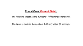 Round One- ‘Current State’:
The following sheet has the numbers 1-100 arranged randomly.
The target is to circle the numbers 1-50 only within 60 seconds.
 