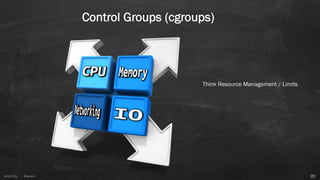Anton ElsAnton Els @aelsnz
Control Groups (cgroups)
20
Think Resource Management / Limits
 