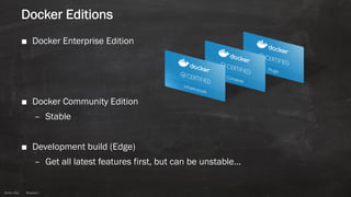 Anton ElsAnton Els @aelsnz
Docker Editions
■ Docker Enterprise Edition
■ Docker Community Edition
– Stable
■ Development build (Edge)
– Get all latest features first, but can be unstable…
 