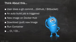 Anton ElsAnton Els @aelsnz
Think About this…
■ User does a git commit… (Github / Bitbucket)
■ An auto build job is triggered
■ New image on Docker Hub
■ Download (pull) new Image
■ Run Container
■ … CI / CD…
 