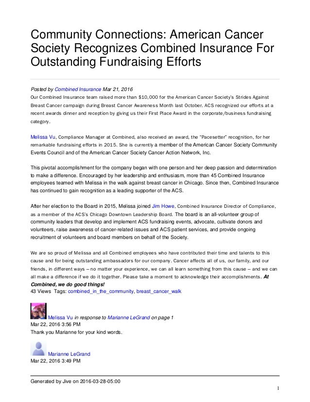 American Cancer Society Recognizes Combined Insurance For Outstanding