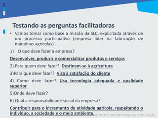 INSTITUTO IZOLANI PESQUISA E EDUCAÇÃO
Testando as perguntas facilitadoras
• Vamos tomar como base a missão da SLC, explicitada através de
um processo participativo (empresa líder na fabricação de
máquinas agrícolas)
1) O que deve fazer a empresa?
Desenvolver, produzir e comercializar produtos e serviços
2) Para quem deve fazer? Destinam-se à agricultura
3)Para que deve fazer? Visa à satisfação do cliente
4) Como deve fazer? Usa tecnologia adequada e qualidade
superior
5)Onde deve fazer?
6) Qual a responsabilidade social da empresa?
Contribuir para o incremento da atividade agrícola, respeitando o
indivíduo, a sociedade e o meio ambiente.
 