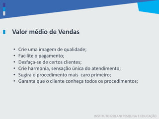 INSTITUTO IZOLANI PESQUISA E EDUCAÇÃO
Valor médio de Vendas
• Crie uma imagem de qualidade;
• Facilite o pagamento;
• Desfaça-se de certos clientes;
• Crie harmonia, sensação única do atendimento;
• Sugira o procedimento mais caro primeiro;
• Garanta que o cliente conheça todos os procedimentos;
 