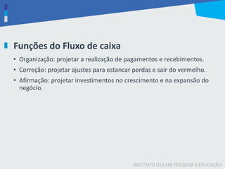 INSTITUTO IZOLANI PESQUISA E EDUCAÇÃO
Funções do Fluxo de caixa
• Organização: projetar a realização de pagamentos e recebimentos.
• Correção: projetar ajustes para estancar perdas e sair do vermelho.
• Afirmação: projetar investimentos no crescimento e na expansão do
negócio.
 