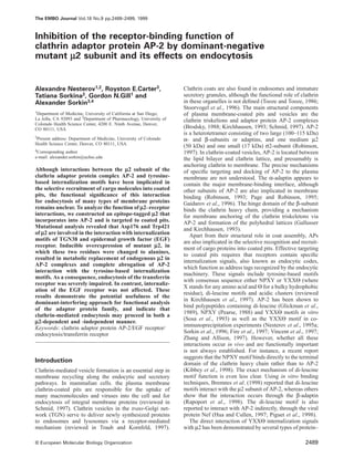 The EMBO Journal Vol.18 No.9 pp.2489–2499, 1999
Inhibition of the receptor-binding function of
clathrin adaptor protein AP-2 by dominant-negative
mutant µ2 subunit and its effects on endocytosis
Alexandre Nesterov1,2, Royston E.Carter3,
Tatiana Sorkina3, Gordon N.Gill1 and
Alexander Sorkin3,4
1Department of Medicine, University of California at San Diego,
La Jolla, CA 92093 and 3Department of Pharmacology, University of
Colorado Health Science Center, 4200 E. Ninth Avenue, Denver,
CO 80111, USA
2Present address: Department of Medicine, University of Colorado
Health Science Center, Denver, CO 80111, USA
4Corresponding author
e-mail: alexander.sorkin@uchsc.edu
Although interactions between the µ2 subunit of the
clathrin adaptor protein complex AP-2 and tyrosine-
based internalization motifs have been implicated in
the selective recruitment of cargo molecules into coated
pits, the functional signiﬁcance of this interaction
for endocytosis of many types of membrane proteins
remains unclear. To analyze the function of µ2–receptor
interactions, we constructed an epitope-tagged µ2 that
incorporates into AP-2 and is targeted to coated pits.
Mutational analysis revealed that Asp176 and Trp421
of µ2 are involved in the interaction with internalization
motifs of TGN38 and epidermal growth factor (EGF)
receptor. Inducible overexpression of mutant µ2, in
which these two residues were changed to alanines,
resulted in metabolic replacement of endogenous µ2 in
AP-2 complexes and complete abrogation of AP-2
interaction with the tyrosine-based internalization
motifs. As a consequence, endocytosis of the transferrin
receptor was severely impaired. In contrast, internaliz-
ation of the EGF receptor was not affected. These
results demonstrate the potential usefulness of the
dominant-interfering approach for functional analysis
of the adaptor protein family, and indicate that
clathrin-mediated endocytosis may proceed in both a
µ2-dependent and -independent manner.
Keywords: clathrin adaptor protein AP-2/EGF receptor/
endocytosis/transferrin receptor
Introduction
Clathrin-mediated vesicle formation is an essential step in
membrane recycling along the endocytic and secretory
pathways. In mammalian cells. the plasma membrane
clathrin-coated pits are responsible for the uptake of
many macromolecules and viruses into the cell and for
endocytosis of integral membrane proteins (reviewed in
Schmid, 1997). Clathrin vesicles in the trans-Golgi net-
work (TGN) serve to deliver newly synthesized proteins
to endosomes and lysosomes via a receptor-mediated
mechanism (reviewed in Traub and Kornfeld, 1997).
© European Molecular Biology Organization 2489
Clathrin coats are also found in endosomes and immature
secretory granules, although the functional role of clathrin
in these organelles is not deﬁned (Tooze and Tooze, 1986;
Stoorvogel et al., 1996). The main structural components
of plasma membrane-coated pits and vesicles are the
clathrin triskelions and adaptor protein AP-2 complexes
(Brodsky, 1988; Kirchhausen, 1993; Schmid, 1997). AP-2
is a heterotetramer consisting of two large (100–115 kDa)
α- and β-subunits or adaptins, and one medium µ2
(50 kDa) and one small (17 kDa) σ2-subunit (Robinson,
1997). In clathrin-coated vesicles, AP-2 is located between
the lipid bilayer and clathrin lattice, and presumably is
anchoring clathrin to membrane. The precise mechanisms
of speciﬁc targeting and docking of AP-2 to the plasma
membrane are not understood. The α-adaptin appears to
contain the major membrane-binding interface, although
other subunits of AP-2 are also implicated in membrane
binding (Robinson, 1993; Page and Robinson, 1995;
Gaidarov et al., 1996). The hinge domain of the β-subunit
binds the clathrin heavy chain, providing a mechanism
for membrane anchoring of the clathrin triskeletons via
AP-2 and formation of the polyhedral lattices (Gallusser
and Kirchhausen, 1993).
Apart from their structural role in coat assembly, APs
are also implicated in the selective recognition and recruit-
ment of cargo proteins into coated pits. Effective targeting
to coated pits requires that receptors contain speciﬁc
internalization signals, also known as endocytic codes,
which function as address tags recognized by the endocytic
machinery. These signals include tyrosine-based motifs
with consensus sequence either NPXY or YXXΘ (where
X stands for any amino acid and Θ for a bulky hydrophobic
residue), di-leucine motifs and acidic clusters (reviewed
in Kirchhausen et al., 1997). AP-2 has been shown to
bind polypeptides containing di-leucine (Glickman et al.,
1989), NPXY (Pearse, 1988) and YXXΘ motifs in vitro
(Sosa et al., 1993) as well as the YXXΘ motif in co-
immunoprecipitation experiments (Nesterov et al., 1995a;
Sorkin et al., 1996; Fire et al., 1997; Vincent et al., 1997;
Zhang and Allison, 1997). However, whether all these
interactions occur in vivo and are functionally important
is not always established. For instance, a recent report
suggests that the NPXY motif binds directly to the terminal
domain of the clathrin heavy chain rather than to AP-2
(Kibbey et al., 1998). The exact mechanism of di-leucine
motif function is even less clear. Using in vitro binding
techniques, Bremnes et al. (1998) reported that di-leucine
motifs interact with the µ2 subunit of AP-2, whereas others
show that the interaction occurs through the β-adaptin
(Rapoport et al., 1998). The di-leucine motif is also
reported to interact with AP-2 indirectly, through the viral
protein Nef (Hua and Cullen, 1997; Piguet et al., 1998).
The direct interaction of YXXΘ internalization signals
with µ2 has been demonstrated by several types of protein–
 