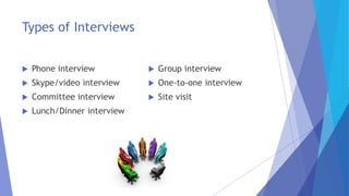 Types of Interviews
 Phone interview
 Skype/video interview
 Committee interview
 Lunch/Dinner interview
 Group interview
 One-to-one interview
 Site visit
 