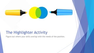 Figure out where your skills overlap with the needs of the position.
The Highlighter Activity
 