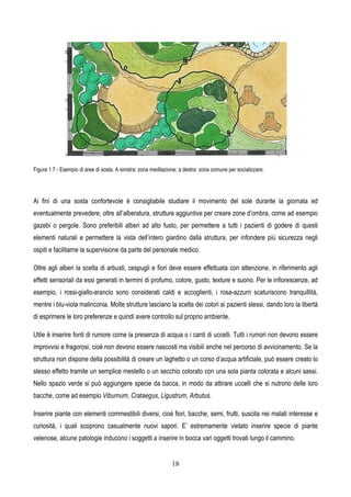 18
Figura 1.7 - Esempio di aree di sosta. A sinistra: zona meditazione; a destra: zona comune per socializzare.
Ai fini di una sosta confortevole è consigliabile studiare il movimento del sole durante la giornata ed
eventualmente prevedere, oltre all’alberatura, strutture aggiuntive per creare zone d’ombra, come ad esempio
gazebi o pergole. Sono preferibili alberi ad alto fusto, per permettere a tutti i pazienti di godere di questi
elementi naturali e permettere la vista dell’intero giardino dalla struttura, per infondere più sicurezza negli
ospiti e facilitarne la supervisione da parte del personale medico.
Oltre agli alberi la scelta di arbusti, cespugli e fiori deve essere effettuata con attenzione, in riferimento agli
effetti sensoriali da essi generati in termini di profumo, colore, gusto, texture e suono. Per le infiorescenze, ad
esempio, i rossi-giallo-arancio sono considerati caldi e accoglienti, i rosa-azzurri scaturiscono tranquillità,
mentre i blu-viola malinconia. Molte strutture lasciano la scelta dei colori ai pazienti stessi, dando loro la libertà
di esprimere le loro preferenze e quindi avere controllo sul proprio ambiente.
Utile è inserire fonti di rumore come la presenza di acqua o i canti di uccelli. Tutti i rumori non devono essere
improvvisi e fragorosi, cioè non devono essere nascosti ma visibili anche nel percorso di avvicinamento. Se la
struttura non dispone della possibilità di creare un laghetto o un corso d’acqua artificiale, può essere creato lo
stesso effetto tramite un semplice mestello o un secchio colorato con una sola pianta colorata e alcuni sassi.
Nello spazio verde si può aggiungere specie da bacca, in modo da attirare uccelli che si nutrono delle loro
bacche, come ad esempio Viburnum, Crataegus, Ligustrum, Arbutus.
Inserire piante con elementi commestibili diversi, cioè fiori, bacche, semi, frutti, suscita nei malati interesse e
curiosità, i quali scoprono casualmente nuovi sapori. E’ estremamente vietato inserire specie di piante
velenose, alcune patologie inducono i soggetti a inserire in bocca vari oggetti trovati lungo il cammino.
 