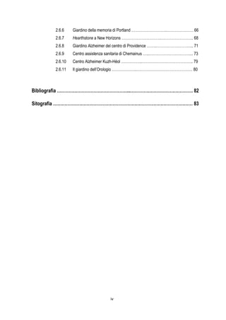 iv
2.6.6 Giardino della memoria di Portland ………………………..………………… 66
2.6.7 Hearthstone a New Horizons …………………………..…………………….. 68
2.6.8 Giardino Alzheimer del centro di Providence ……..………………………... 71
2.6.9 Centro assistenza sanitaria di Chemainus …..……………………………... 73
2.6.10 Centro Alzheimer Kuzh-Héol ……………..………………………………….. 79
2.6.11 Il giardino dell’Orologio ………………..……………………………………… 80
Bibliografia …………………………………………...……………………………………. 82
Sitografia …………………………………………………………………………………… 83
 