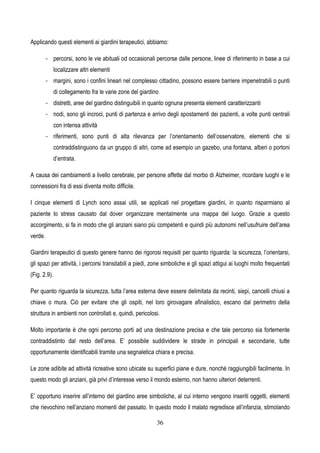 36
Applicando questi elementi ai giardini terapeutici, abbiamo:
- percorsi, sono le vie abituali od occasionali percorse dalle persone, linee di riferimento in base a cui
localizzare altri elementi
- margini, sono i confini lineari nel complesso cittadino, possono essere barriere impenetrabili o punti
di collegamento fra le varie zone del giardino
- distretti, aree del giardino distinguibili in quanto ognuna presenta elementi caratterizzanti
- nodi, sono gli incroci, punti di partenza e arrivo degli spostamenti dei pazienti, a volte punti centrali
con intensa attività
- riferimenti, sono punti di alta rilevanza per l’orientamento dell’osservatore, elementi che si
contraddistinguono da un gruppo di altri, come ad esempio un gazebo, una fontana, alberi o portoni
d’entrata.
A causa dei cambiamenti a livello cerebrale, per persone affette dal morbo di Alzheimer, ricordare luoghi e le
connessioni fra di essi diventa molto difficile.
I cinque elementi di Lynch sono assai utili, se applicati nel progettare giardini, in quanto risparmiano al
paziente lo stress causato dal dover organizzare mentalmente una mappa del luogo. Grazie a questo
accorgimento, si fa in modo che gli anziani siano più competenti e quindi più autonomi nell’usufruire dell’area
verde.
Giardini terapeutici di questo genere hanno dei rigorosi requisiti per quanto riguarda: la sicurezza, l’orientarsi,
gli spazi per attività, i percorsi transitabili a piedi, zone simboliche e gli spazi attigui ai luoghi molto frequentati
(Fig. 2.9).
Per quanto riguarda la sicurezza, tutta l’area esterna deve essere delimitata da recinti, siepi, cancelli chiusi a
chiave o mura. Ciò per evitare che gli ospiti, nel loro girovagare afinalistico, escano dal perimetro della
struttura in ambienti non controllati e, quindi, pericolosi.
Molto importante è che ogni percorso porti ad una destinazione precisa e che tale percorso sia fortemente
contraddistinto dal resto dell’area. E’ possibile suddividere le strade in principali e secondarie, tutte
opportunamente identificabili tramite una segnaletica chiara e precisa.
Le zone adibite ad attività ricreative sono ubicate su superfici piane e dure, nonché raggiungibili facilmente. In
questo modo gli anziani, già privi d’interesse verso il mondo esterno, non hanno ulteriori deterrenti.
E’ opportuno inserire all’interno del giardino aree simboliche, al cui interno vengono inseriti oggetti, elementi
che rievochino nell’anziano momenti del passato. In questo modo il malato regredisce all’infanzia, stimolando
 