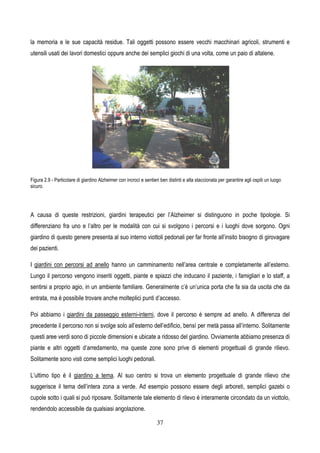 la memoria e le sue capacità residu
utensili usati dei lavori domestici oppu
Figura 2.9 - Particolare di giardino Alzheimer
sicuro.
A causa di queste restrizioni, giar
differenziano fra uno e l’altro per le
giardino di questo genere presenta a
dei pazienti.
I giardini con percorsi ad anello ha
Lungo il percorso vengono inseriti o
sentirsi a proprio agio, in un ambient
entrata, ma è possibile trovare anche
Poi abbiamo i giardini da passeggio
precedente il percorso non si svolge
questi aree verdi sono di piccole dime
piante e altri oggetti d’arredamento
Solitamente sono visti come semplici
L’ultimo tipo è il giardino a tema.
suggerisce il tema dell’intera zona a
cupole sotto i quali si può riposare. S
rendendolo accessibile da qualsiasi a
37
sidue. Tali oggetti possono essere vecchi macchin
ppure anche dei semplici giochi di una volta, come u
er con incroci e sentieri ben distinti e alta staccionata per gara
iardini terapeutici per l’Alzheimer si distinguono
le modalità con cui si svolgono i percorsi e i luog
a al suo interno viottoli pedonali per far fronte all’insi
hanno un camminamento nell’area centrale e com
ti oggetti, piante e spiazzi che inducano il paziente,
iente familiare. Generalmente c’è un’unica porta che
he molteplici punti d’accesso.
gio esterni-interni, dove il percorso è sempre ad
ge solo all’esterno dell’edificio, bensì per metà passa
imensioni e ubicate a ridosso del giardino. Ovviamen
nto, ma queste zone sono prive di elementi proge
lici luoghi pedonali.
. Al suo centro si trova un elemento progettuale
a a verde. Ad esempio possono essere degli arb
. Solitamente tale elemento di rilevo è interamente c
si angolazione.
hinari agricoli, strumenti e
e un paio di altalene.
arantire agli ospiti un luogo
no in poche tipologie. Si
luoghi dove sorgono. Ogni
nsito bisogno di girovagare
completamente all’esterno.
te, i famigliari e lo staff, a
che fa sia da uscita che da
d anello. A differenza del
ssa all’interno. Solitamente
ente abbiamo presenza di
ogettuali di grande rilievo.
uale di grande rilievo che
arboreti, semplici gazebi o
e circondato da un viottolo,
 