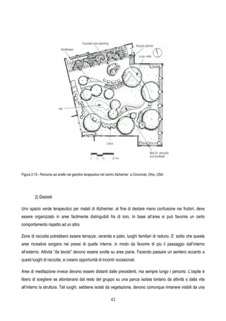 42
Figura 2.15 - Percorso ad anello nel giardino terapeutico nel centro Alzheimer a Cincinnati, Ohio, USA.
2) Distretti
Uno spazio verde terapeutico per malati di Alzheimer, al fine di destare meno confusione nei fruitori, deve
essere organizzato in aree facilmente distinguibili fra di loro. In base all’area si può favorire un certo
comportamento rispetto ad un altro.
Zone di raccolta potrebbero essere terrazze, verande e patio, luoghi familiari di raduno. E’ solito che queste
aree ricreative sorgano nei pressi di quelle interne, in modo da favorire di più il passaggio dall’interno
all’esterno. Attività “da tavolo” devono essere svolte su aree piane. Facendo passare un sentiero accanto a
questi luoghi di raccolta, si creano opportunità di incontri occasionali.
Aree di meditazione invece devono essere distanti dalle precedenti, ma sempre lungo i percorsi. L’ospite è
libero di scegliere se allontanarsi dal resto del gruppo su una panca isolata lontano da attività o dalla vita
all’interno la struttura. Tali luoghi, sebbene isolati da vegetazione, devono comunque rimanere visibili da una
 