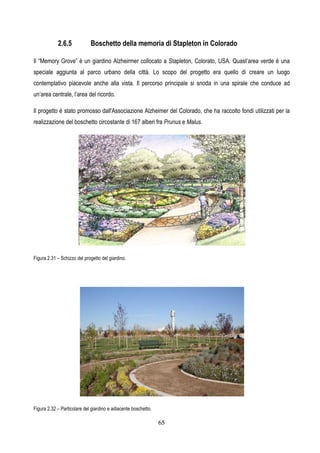 65
2.6.5 Boschetto della memoria di Stapleton in Colorado
Il “Memory Grove” è un giardino Alzheirmer collocato a Stapleton, Colorato, USA. Quast’area verde è una
speciale aggiunta al parco urbano della città. Lo scopo del progetto era quello di creare un luogo
contemplativo piacevole anche alla vista. Il percorso principale si snoda in una spirale che conduce ad
un’area centrale, l’area del ricordo.
Il progetto è stato promosso dall'Associazione Alzheimer del Colorado, che ha raccolto fondi utilizzati per la
realizzazione del boschetto circostante di 167 alberi fra Prunus e Malus.
Figura 2.31 – Schizzo del progetto del giardino.
Figura 2.32 – Particolare del giardino e adiacente boschetto.
 