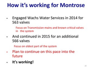 How it’s working for Montrose
 Engaged Wachs Water Services in 2014 for
563 valves
Focus on Transmission mains and known critical valves
in the system
 And continued in 2015 for an additional
566 valves
Focus on oldest part of the system
 Plan to continue on this pace into the
future
 It’s working!
24
 
