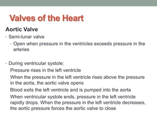 Valves of the Heart
Aortic Valve
• Semi-lunar valve
• Open when pressure in the ventricles exceeds pressure in the
arteries
• During ventricular systole:
Pressure rises in the left ventricle
When the pressure in the left ventricle rises above the pressure
in the aorta, the aortic valve opens
Blood exits the left ventricle and is pumped into the aorta
When ventricular systole ends, pressure in the left ventricle
rapidly drops. When the pressure in the left ventricle decreases,
the aortic pressure forces the aortic valve to close
 