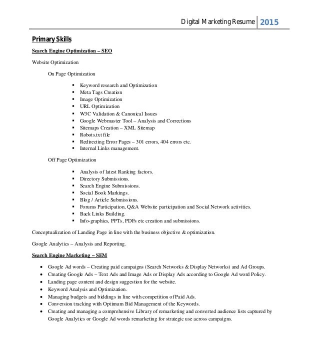 primary skills resume