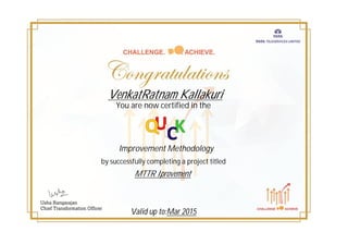 VenkatRatnam Kallakuri
You are now certified in the
Improvement Methodology
by successfully completing a project titled
MTTR Iprovement
Valid up to:Mar 2015
 