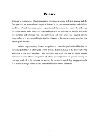 22
Remark
We used two approaches of data integration for making a normal cell from a cancer cell. In
first approach, we assumed that catalytic activity of an enzyme remains constant and in all the
conditions it’s only the concentration (expression) of the enzymes that creates the difference
between a normal and a tumor cell. In second approach, we integrated the specific activity of
the enzymes and observed that gene-expression (cell line level) and specific activity
integrated models were mimicking the in vivo behaviour in the same way suggesting that they
basically are the same.
Another important thing that this study shows is that the integration should be done on
the same spatial level in a biological system because there is a change in the behaviour of the
system as it gets more organised. Thus, integrating data from one level to another creates
erroneous models. Hence, integration of either gene-expression or specific activity of
enzymes involved in the pathway can capture the metabolic remodelling to approximately
70% which is enough for the rational characterization of the two conditions.
 