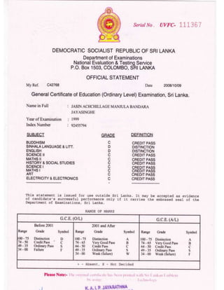 G.C.E.Ordinary Level 1999 School Certificate