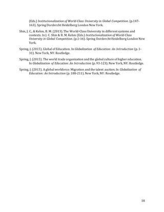 18
(Eds.) Institutionalization of World-Class University in Global Competition. (p.147-
163). Spring Dordercht Heidelberg London New York.
Shin, J. C., & Kehm, B. M. (2013). The World-Class University in different systems and
contexts. In J. C. Shin & B. M. Kehm (Eds.) Institutionalization of World-Class
University in Global Competition. (p.1-16). Spring Dordercht Heidelberg London New
York.
Spring, J. (2015). Global of Education. In Globalization of Education: An Introduction (p. 1-
31). New York, NY: Routledge.
Spring, J. (2015). The world trade organization and the global culture of higher education.
In Globalization of Education: An Introduction (p. 93-123). New York, NY: Routledge.
Spring, J. (2015). A global workforce: Migration and the talent auction. In Globalization of
Education: An Introduction (p. 188-211). New York, NY: Routledge.
 