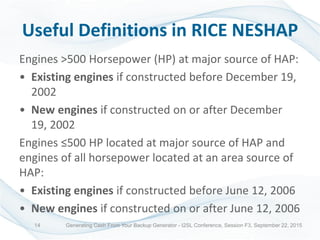 Useful Definitions in RICE NESHAP
Engines >500 Horsepower (HP) at major source of HAP:
• Existing engines if constructed before December 19,
2002
• New engines if constructed on or after December
19, 2002
Engines ≤500 HP located at major source of HAP and
engines of all horsepower located at an area source of
HAP:
• Existing engines if constructed before June 12, 2006
• New engines if constructed on or after June 12, 2006
Generating Cash From Your Backup Generator - I2SL Conference, Session F3, September 22, 201514
 