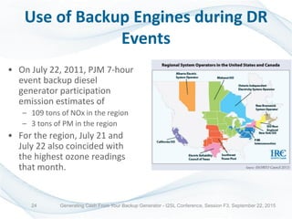 Use of Backup Engines during DR
Events
• On July 22, 2011, PJM 7-hour
event backup diesel
generator participation
emission estimates of
– 109 tons of NOx in the region
– 3 tons of PM in the region
• For the region, July 21 and
July 22 also coincided with
the highest ozone readings
that month.
Generating Cash From Your Backup Generator - I2SL Conference, Session F3, September 22, 201524
 