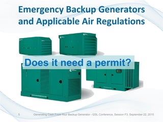 Emergency Backup Generators
and Applicable Air Regulations
Generating Cash From Your Backup Generator - I2SL Conference, Session F3, September 22, 20155
Does it need a permit?
 
