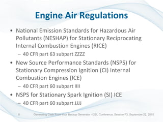 Engine Air Regulations
• National Emission Standards for Hazardous Air
Pollutants (NESHAP) for Stationary Reciprocating
Internal Combustion Engines (RICE)
– 40 CFR part 63 subpart ZZZZ
• New Source Performance Standards (NSPS) for
Stationary Compression Ignition (CI) Internal
Combustion Engines (ICE)
– 40 CFR part 60 subpart IIII
• NSPS for Stationary Spark Ignition (SI) ICE
– 40 CFR part 60 subpart JJJJ
Generating Cash From Your Backup Generator - I2SL Conference, Session F3, September 22, 20158
 