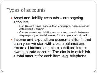 Types of accounts
  Asset and liability accounts – are ongoing
   accounts
      Non Current (fixed) assets, loan and capital accounts once
       established – remain..
      Current assets and liability accounts also remain but move
       very regularly up and down as, for example, cash at bank
  Income and expenditure accounts differ in that
   each year we start with a zero balance and
   record all income and all expenditure into its
   own separate account. The aim is to establish
   a total amount for each item, e.g. telephone
 