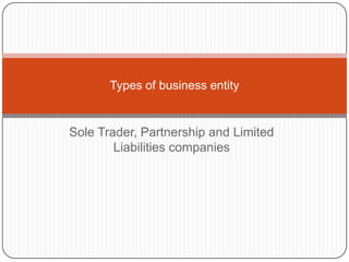 Types of business entity


Sole Trader, Partnership and Limited
        Liabilities companies
 