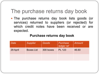 The purchase returns day book
 The purchase returns day book lists goods (or
   services) returned to suppliers (or rejected) for
   which credit notes have been received or are
   expected.
             Purchase returns day book

Date       Supplier    Goods       Purchase     Amount
                                   ledger ref
29 April   Boxes Ltd   300 boxes   PL 123       46.60
 