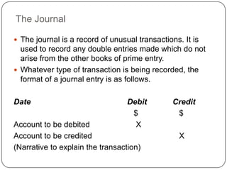 The Journal

 The journal is a record of unusual transactions. It is
  used to record any double entries made which do not
  arise from the other books of prime entry.
 Whatever type of transaction is being recorded, the
  format of a journal entry is as follows.

Date                              Debit         Credit
                                   $             $
Account to be debited               X
Account to be credited                            X
(Narrative to explain the transaction)
 