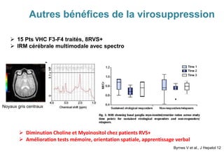 Autres bénéfices de la virosuppression
Noyaux gris centraux
 Diminution Choline et Myoinositol chez patients RVS+
 Amélioration tests mémoire, orientation spatiale, apprentissage verbal
 15 Pts VHC F3-F4 traités, 8RVS+
 IRM cérébrale multimodale avec spectro
Byrnes V et al., J Hepatol 12
 