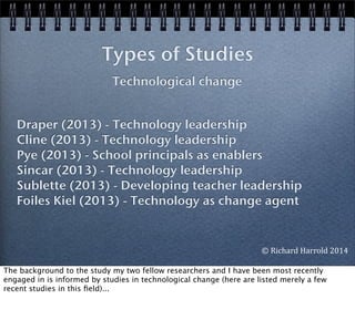 Draper (2013) - Technology leadership
Cline (2013) - Technology leadership
Pye (2013) - School principals as enablers
Sincar (2013) - Technology leadership
Sublette (2013) - Developing teacher leadership
Foiles Kiel (2013) - Technology as change agent
Types of Studies
Technological change
©	
  Richard	
  Harrold	
  2014
The background to the study my two fellow researchers and I have been most recently
engaged in is informed by studies in technological change (here are listed merely a few
recent studies in this ﬁeld)...
 