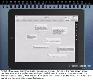 ©	
  Richard	
  Harrold	
  2014
Padlet, iBrainstorm and other similar apps allow students (or, as in the case shown above,
teachers meeting for professional dialogue) to ﬂick contributions across cyberspace to a
publicly viewable area (either projected on a screen or viewable on the web). This slide shows
padlet and the next slide shows iBrainstorm.
 