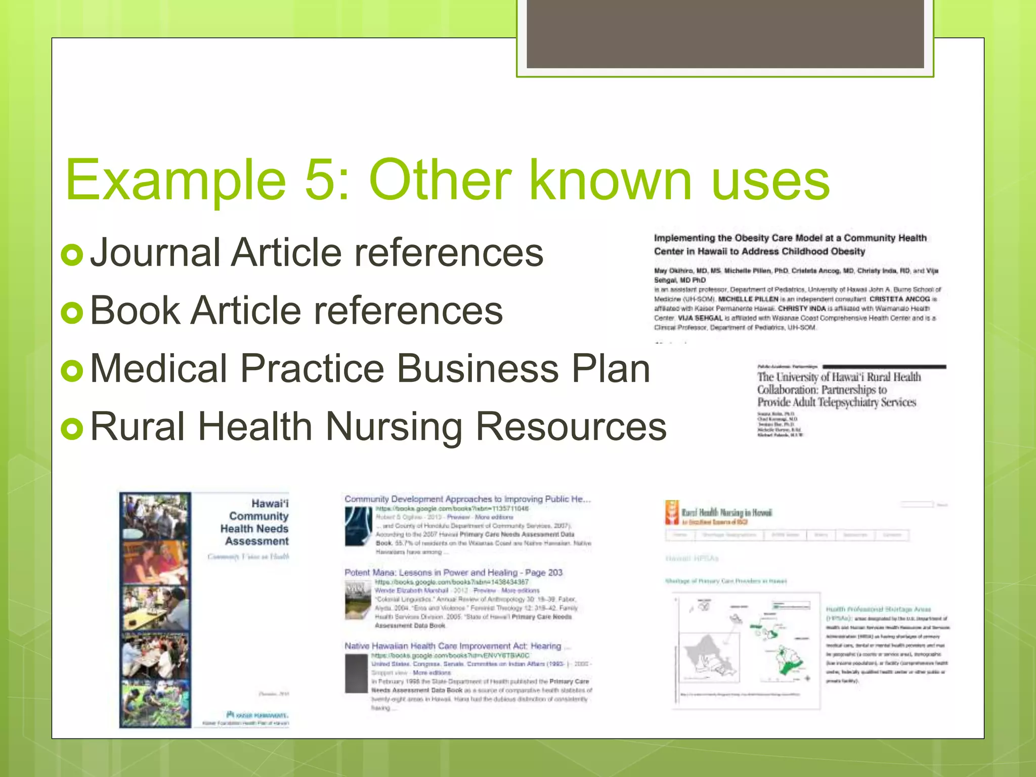 Example 5: Other known uses
Journal Article references
Book Article references
Medical Practice Business Plan
Rural Health Nursing Resources
 
