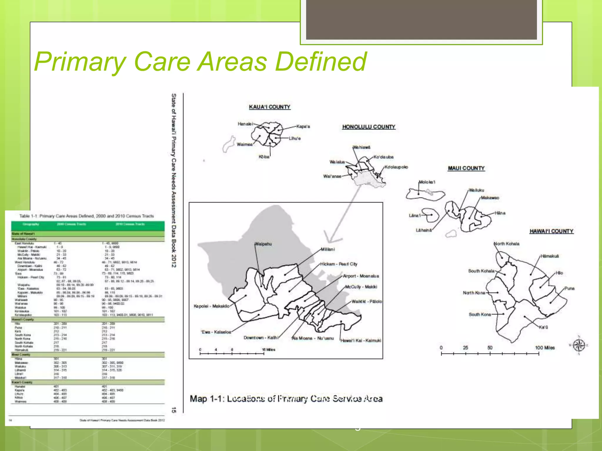 Primary Care Areas Defined
• More detail on 3 largest areas (Ewa, E. Honolulu, W. Honolulu)
- 11 new areas
• 2010 Census Tract Changes
 