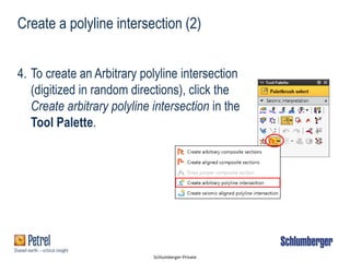 Schlumberger-Private
4. To create an Arbitrary polyline intersection
(digitized in random directions), click the
Create arbitrary polyline intersection in the
Tool Palette.
Create a polyline intersection (2)
 